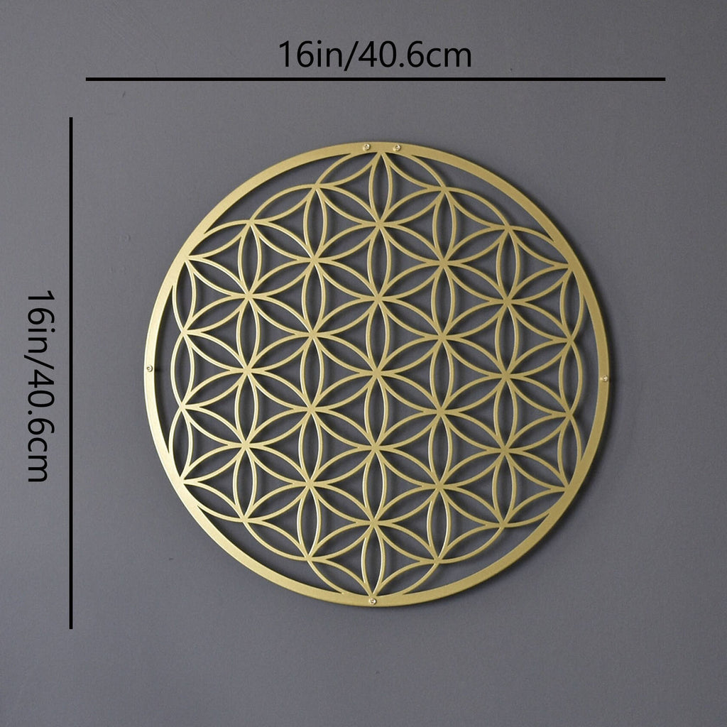 Gold Flower of Life Metal Wall Art 16 Inch, Sacred Geometry Round Wall Decor, Spiritual Hanging Art for Living Room Bedroom Yoga Space