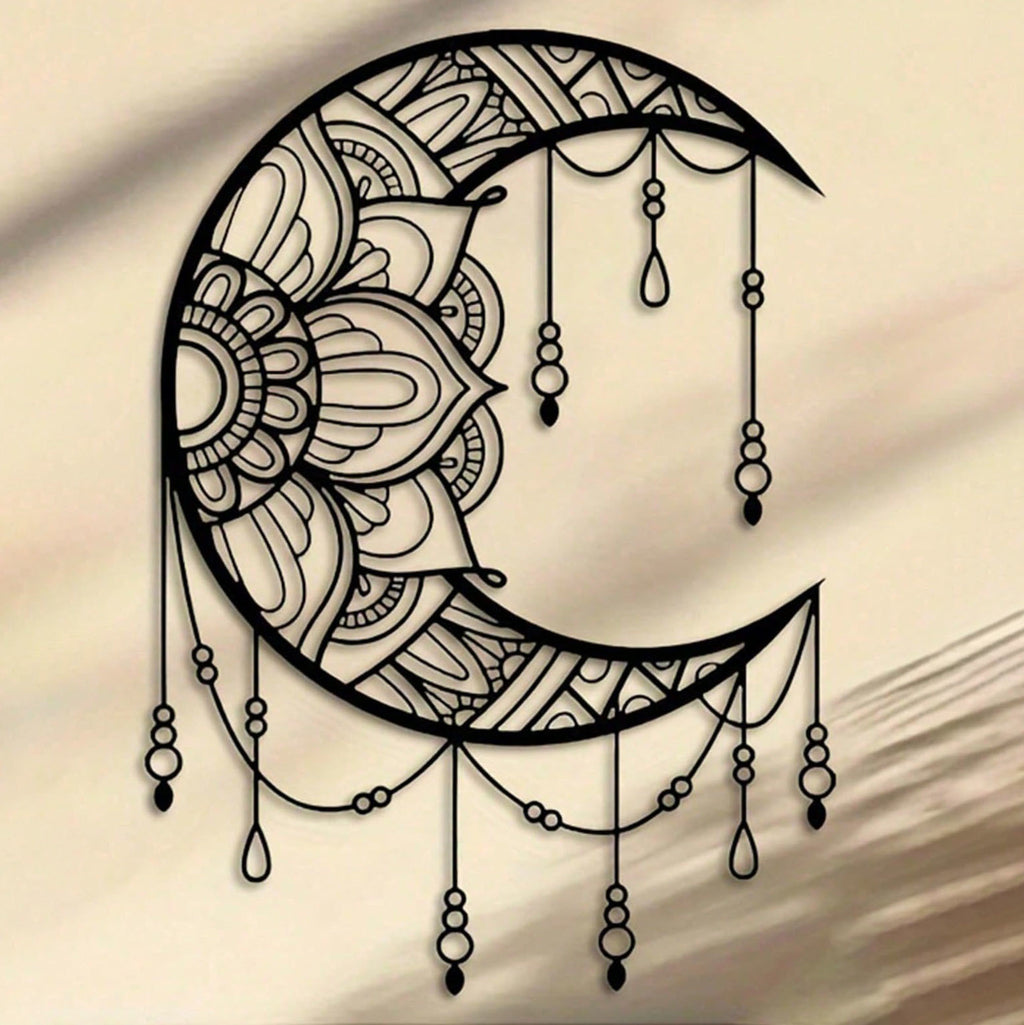 Black Crescent Moon Mandala Metal Wall Art, Boho Beaded Spiritual Hanging Decor for Bedroom Living Room Yoga Space