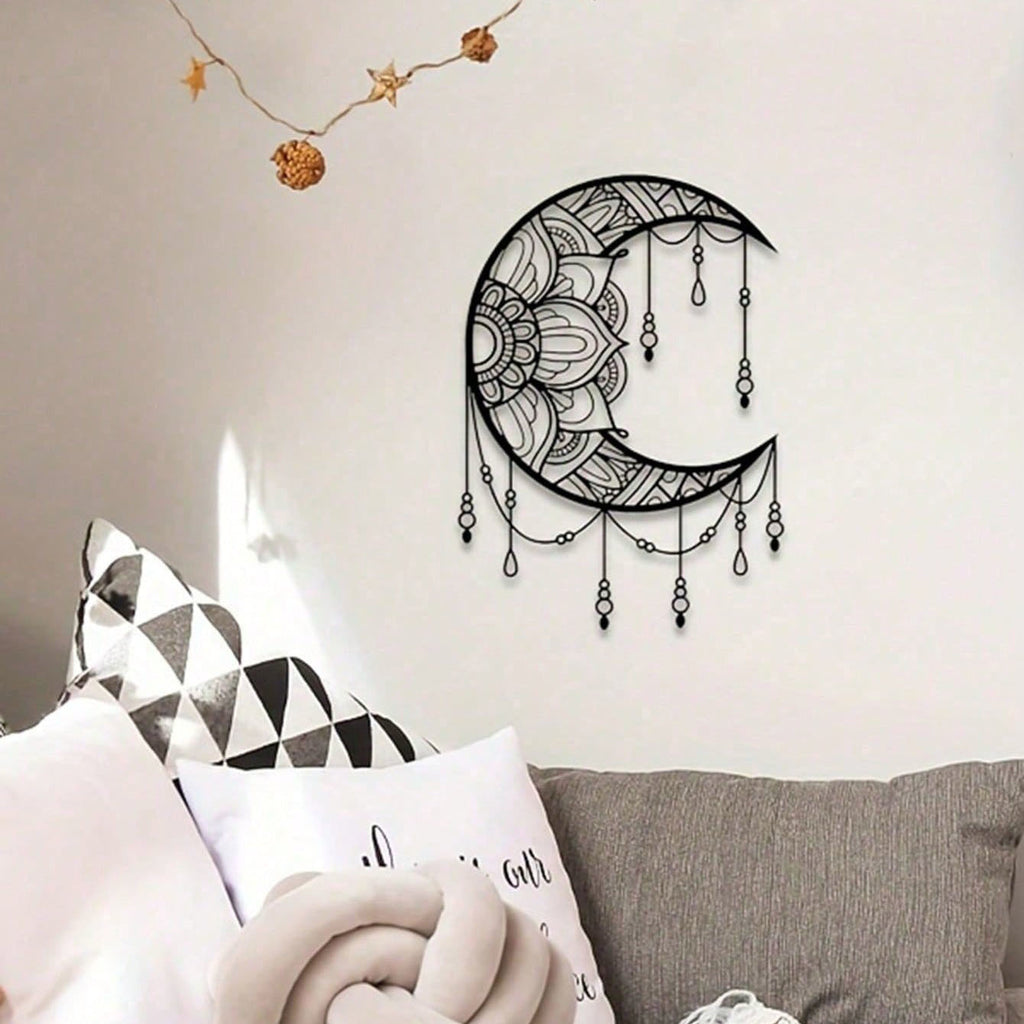 Black Crescent Moon Mandala Metal Wall Art, Boho Beaded Spiritual Hanging Decor for Bedroom Living Room Yoga Space