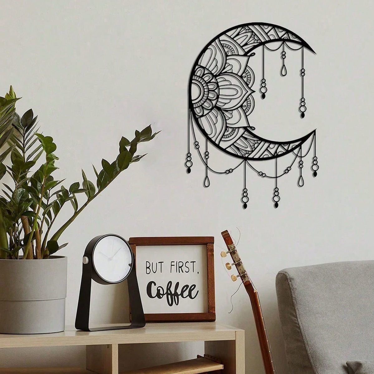 Black Crescent Moon Mandala Metal Wall Art, Boho Beaded Spiritual Hanging Decor for Bedroom Living Room Yoga Space