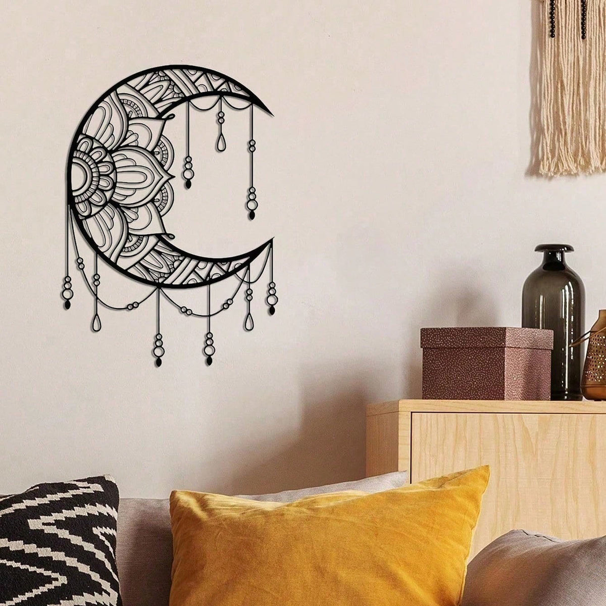Black Crescent Moon Mandala Metal Wall Art, Boho Beaded Spiritual Hanging Decor for Bedroom Living Room Yoga Space