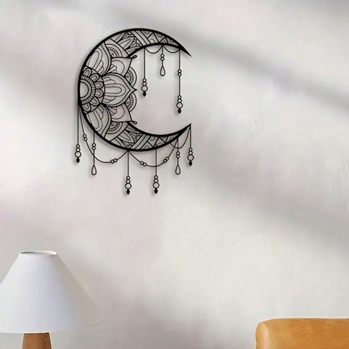 Black Crescent Moon Mandala Metal Wall Art, Boho Beaded Spiritual Hanging Decor for Bedroom Living Room Yoga Space