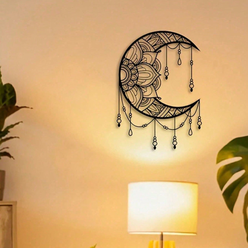 Black Crescent Moon Mandala Metal Wall Art, Boho Beaded Spiritual Hanging Decor for Bedroom Living Room Yoga Space