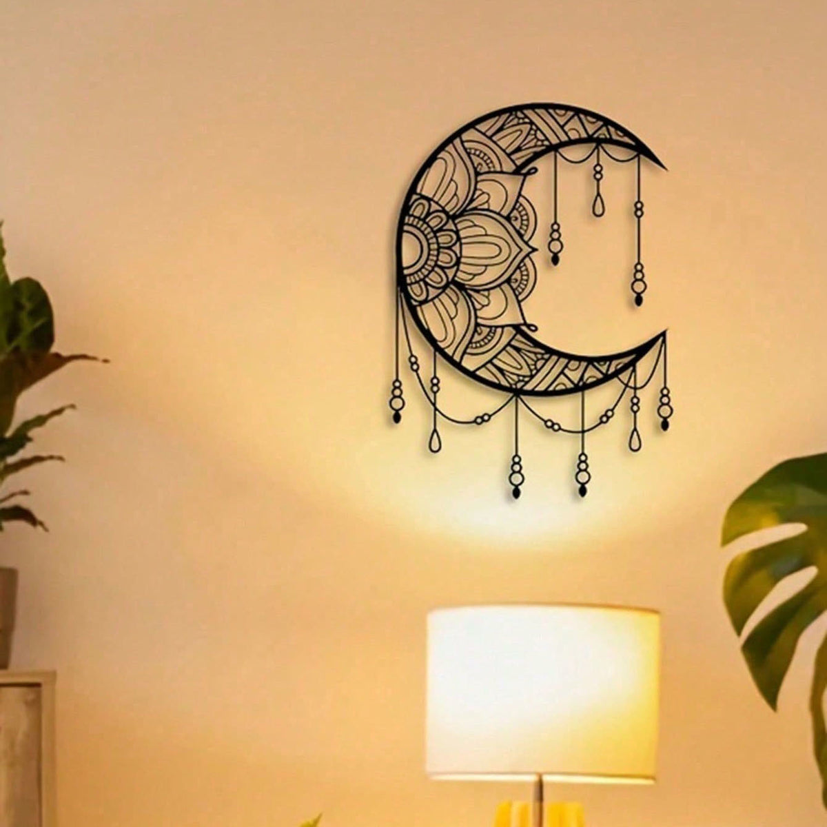 Black Crescent Moon Mandala Metal Wall Art, Boho Beaded Spiritual Hanging Decor for Bedroom Living Room Yoga Space