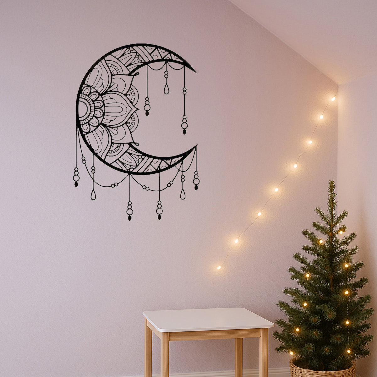 Black Crescent Moon Mandala Metal Wall Art, Boho Beaded Spiritual Hanging Decor for Bedroom Living Room Yoga Space