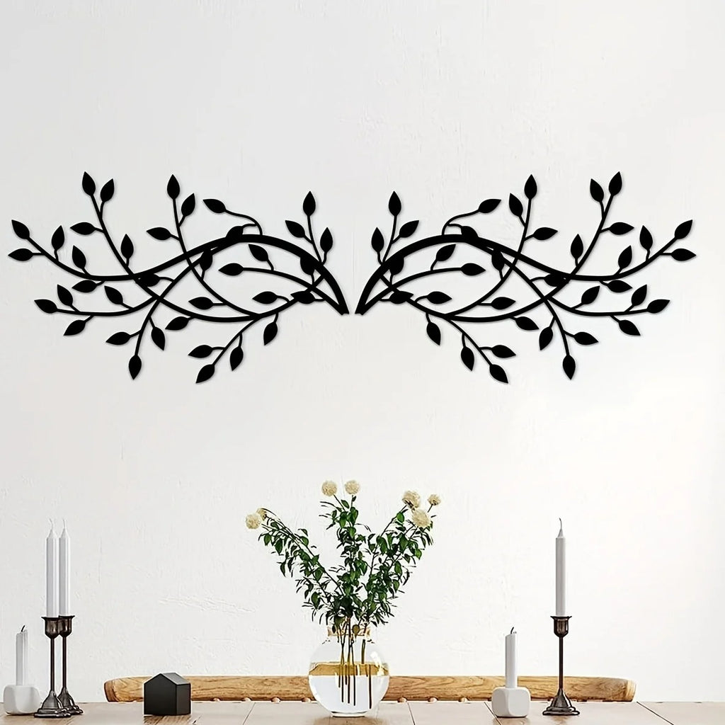 2 Pcs Black Metal Leaf Branch Wall Decor, Rustic Vine Plant Wall Sculpture Art for Living Room Bedroom Above Bed
