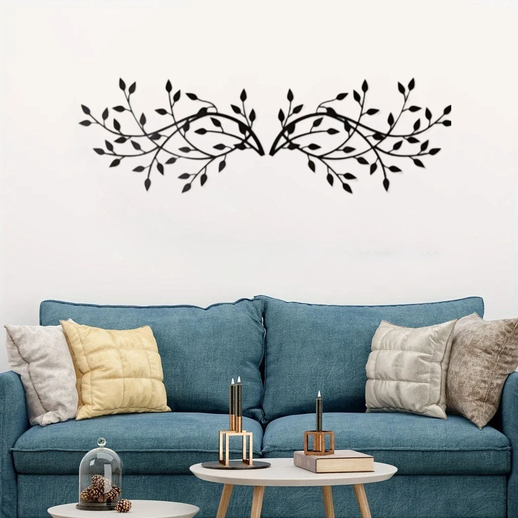 2 Pcs Black Metal Leaf Branch Wall Decor, Rustic Vine Plant Wall Sculpture Art for Living Room Bedroom Above Bed