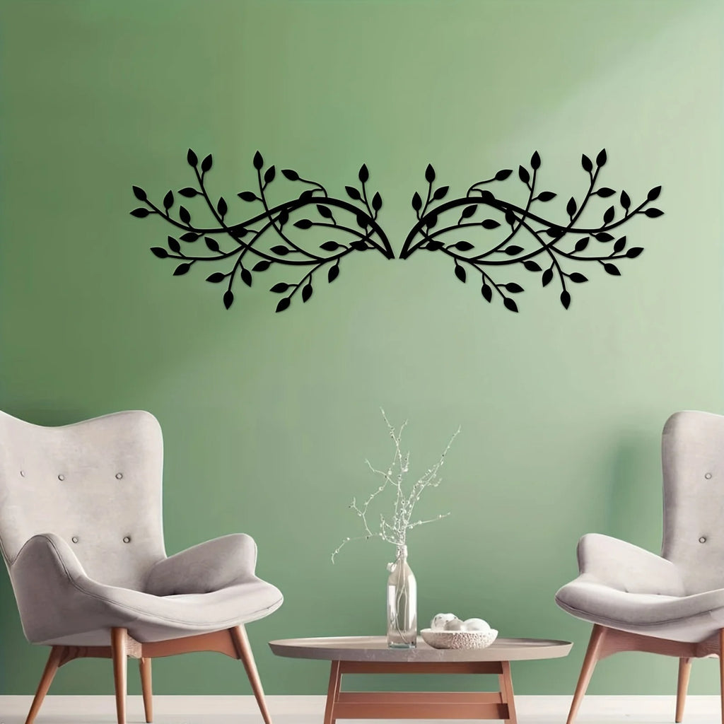 2 Pcs Black Metal Leaf Branch Wall Decor, Rustic Vine Plant Wall Sculpture Art for Living Room Bedroom Above Bed