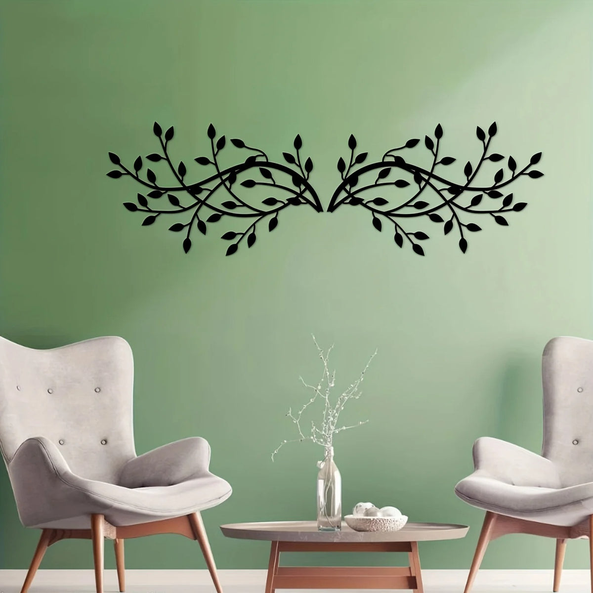 2 Pcs Black Metal Leaf Branch Wall Decor, Rustic Vine Plant Wall Sculpture Art for Living Room Bedroom Above Bed