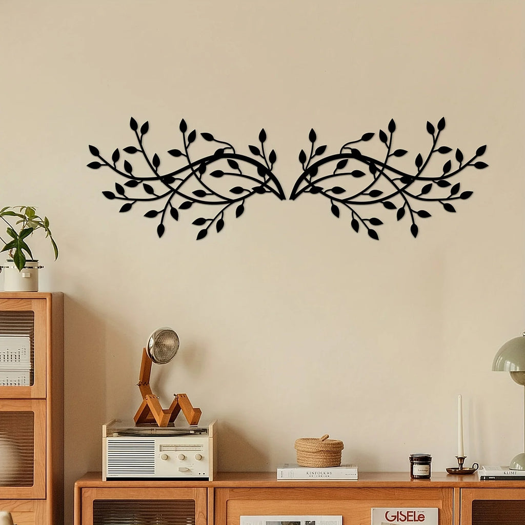 2 Pcs Black Metal Leaf Branch Wall Decor, Rustic Vine Plant Wall Sculpture Art for Living Room Bedroom Above Bed