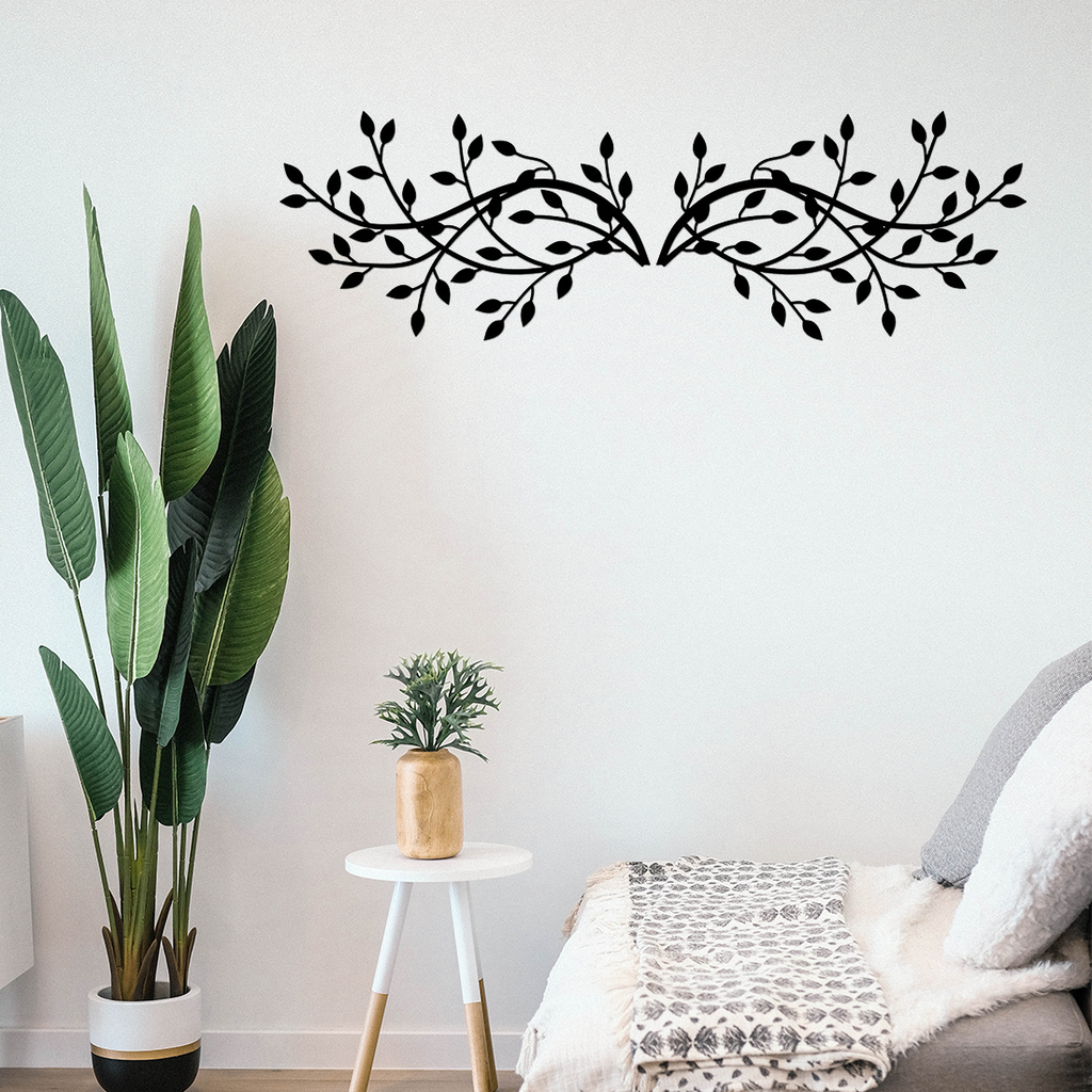 2 Pcs Black Metal Leaf Branch Wall Decor, Rustic Vine Plant Wall Sculpture Art for Living Room Bedroom Above Bed