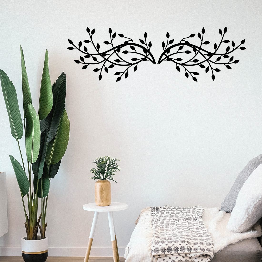 2 Pcs Black Metal Leaf Branch Wall Decor, Rustic Vine Plant Wall Sculpture Art for Living Room Bedroom Above Bed