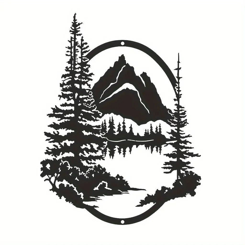 Oval Mountain Forest Lake Metal Wall Art, Pine Tree Wilderness Landscape Sculpture, Rustic Nature Decor for Cabin Living Room Bedroom