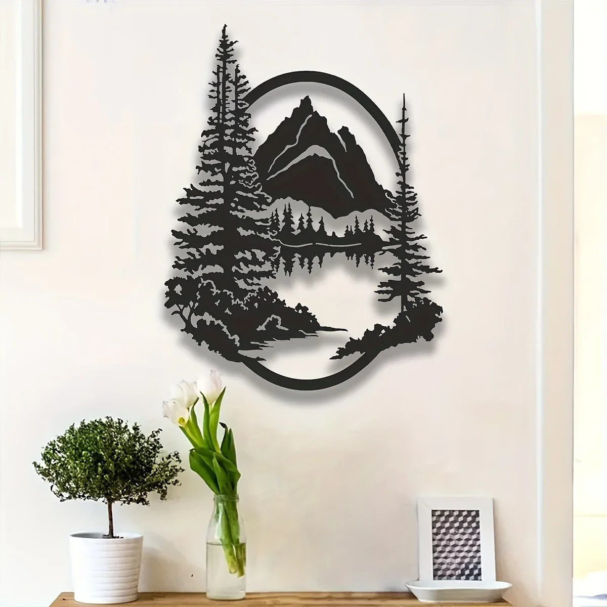 Oval Mountain Forest Lake Metal Wall Art, Pine Tree Wilderness Landscape Sculpture, Rustic Nature Decor for Cabin Living Room Bedroom