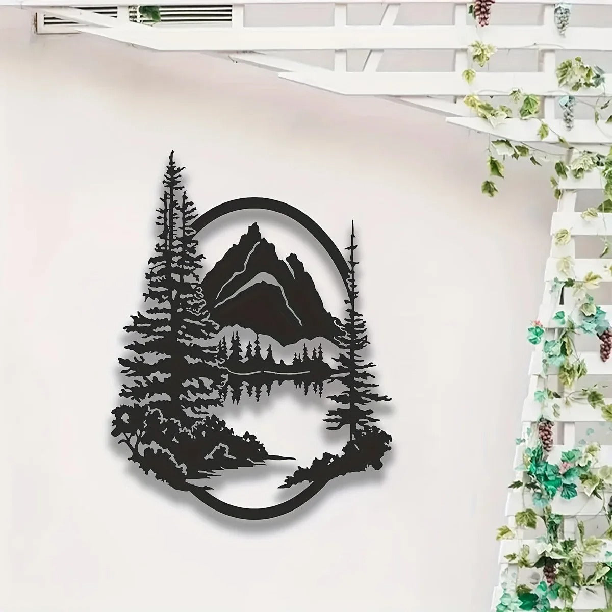 Oval Mountain Forest Lake Metal Wall Art, Pine Tree Wilderness Landscape Sculpture, Rustic Nature Decor for Cabin Living Room Bedroom