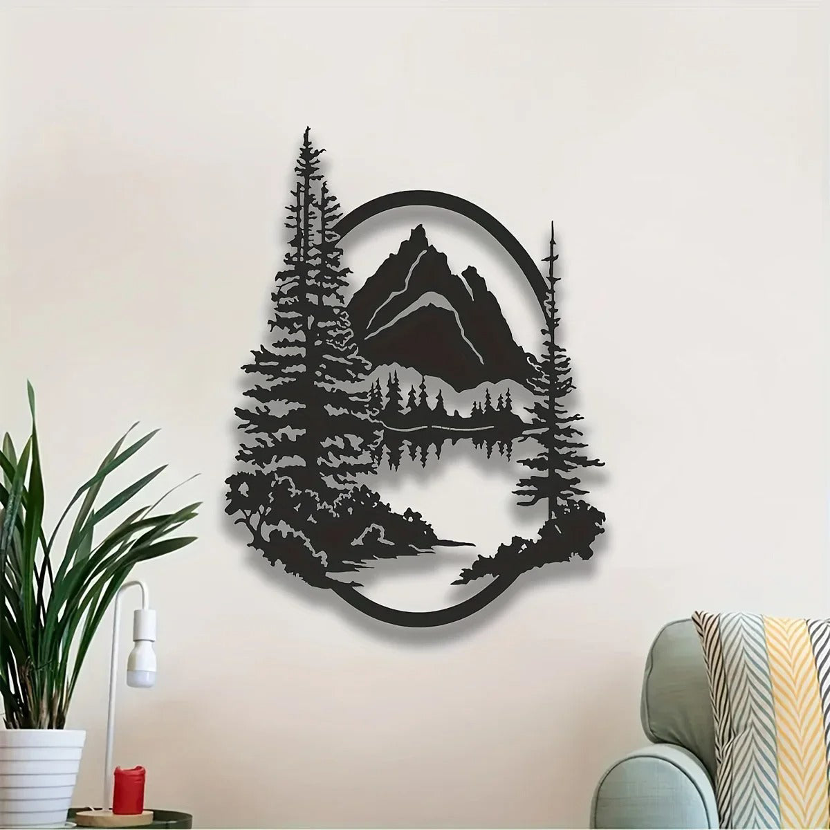 Oval Mountain Forest Lake Metal Wall Art, Pine Tree Wilderness Landscape Sculpture, Rustic Nature Decor for Cabin Living Room Bedroom