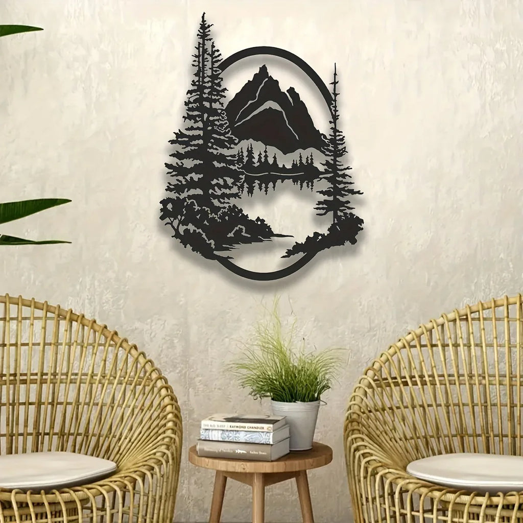 Oval Mountain Forest Lake Metal Wall Art, Pine Tree Wilderness Landscape Sculpture, Rustic Nature Decor for Cabin Living Room Bedroom