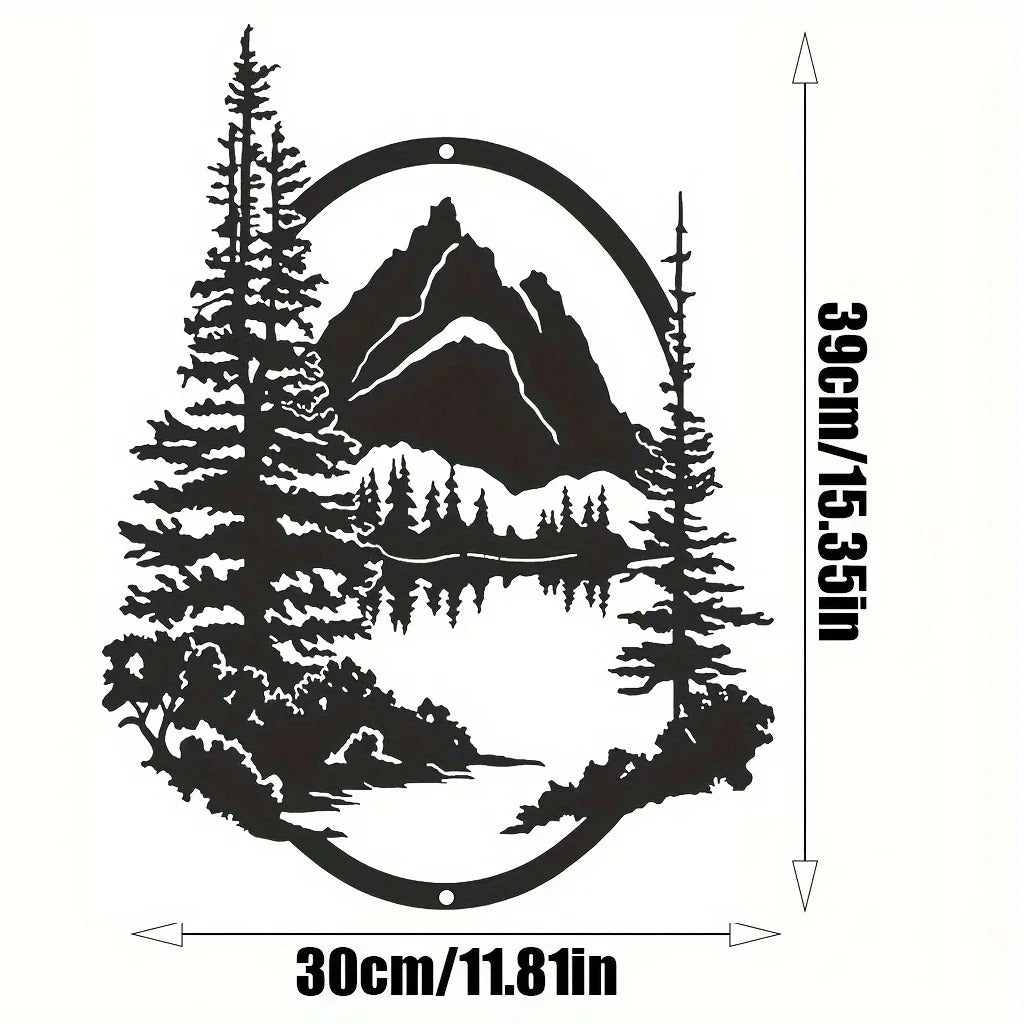 Oval Mountain Forest Lake Metal Wall Art, Pine Tree Wilderness Landscape Sculpture, Rustic Nature Decor for Cabin Living Room Bedroom