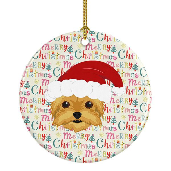 Santa Hat Dog Round Ceramic Christmas Ornament, Personalizable Blank Back, Xmas Tree Hanging Decor Holiday Gift for Dog Lovers