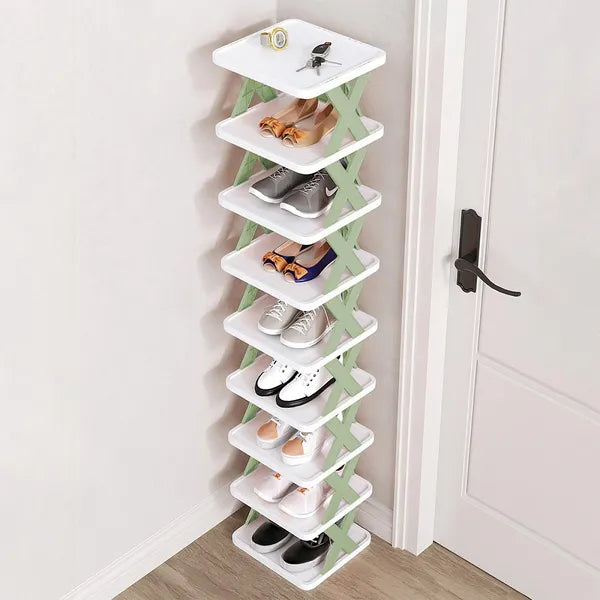 9-Tier Foldable Narrow Shoe Rack, No Assembly X-Frame Shoe Organizer, Space-Saving Shelf for Entryway Closet Small Spaces