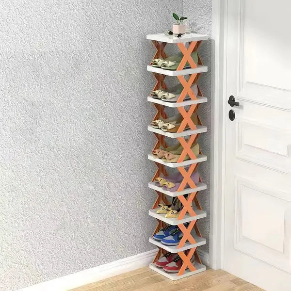 9-Tier Foldable Orange Shoe Rack, No Assembly X-Frame Narrow Shoe Organizer, Space Saving Storage Shelf for Entryway Closet Small Spaces
