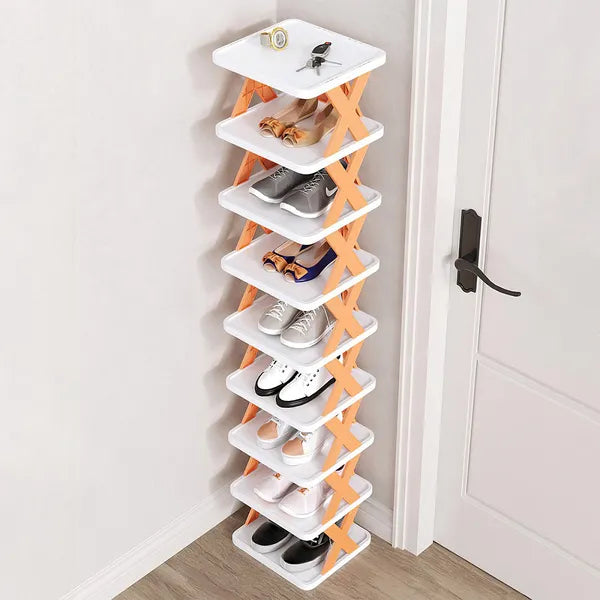 9-Tier Foldable Orange Shoe Rack, No Assembly X-Frame Narrow Shoe Organizer, Space Saving Storage Shelf for Entryway Closet Small Spaces