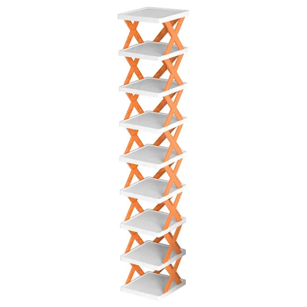9-Tier Foldable Orange Shoe Rack, No Assembly X-Frame Narrow Shoe Organizer, Space Saving Storage Shelf for Entryway Closet Small Spaces