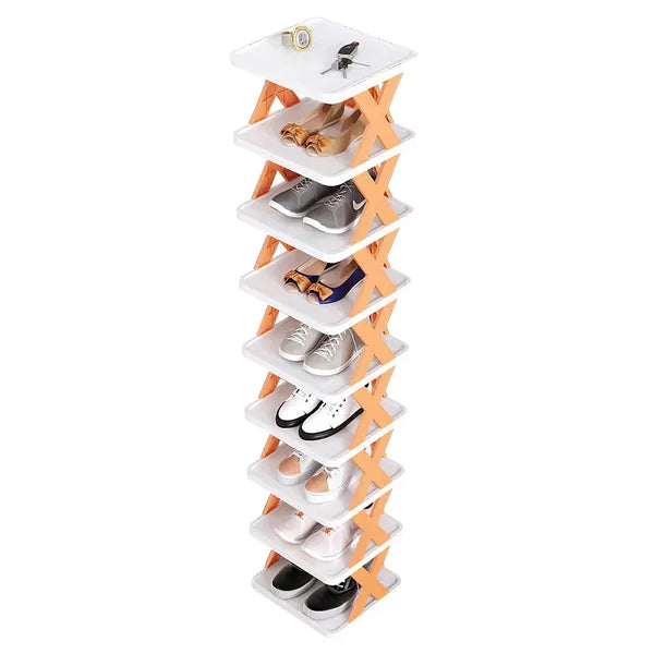 9-Tier Foldable Orange Shoe Rack, No Assembly X-Frame Narrow Shoe Organizer, Space Saving Storage Shelf for Entryway Closet Small Spaces