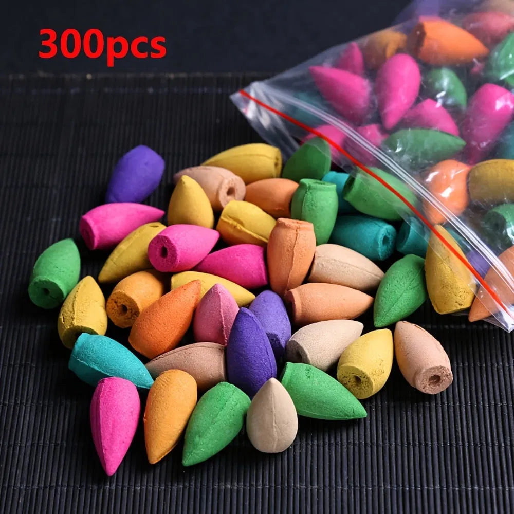 300Pcs Mixed Scents Backflow Incense Cones, Natural Plant Colorful Cones for Waterfall Burner Meditation Home Yoga Odor Eliminator
