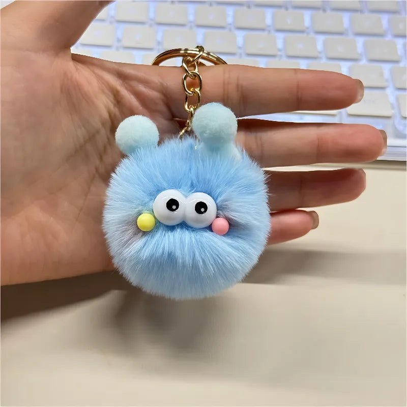 Cute Fluffy Monster Keychain, Soft Plush Pom Pom Bag Charm with Gold Lobster Clasp, Funny Ugly Doll Key Chain for Backpack Purse Gift