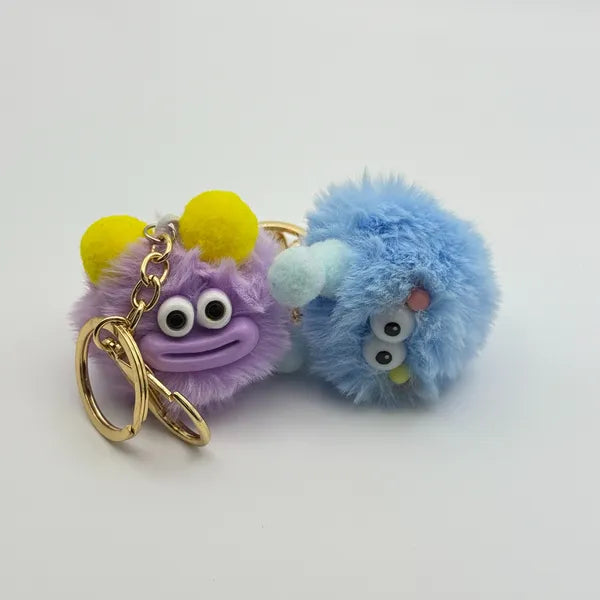 Cute Fluffy Monster Keychain, Soft Plush Pom Pom Bag Charm with Gold Lobster Clasp, Funny Ugly Doll Key Chain for Backpack Purse Gift