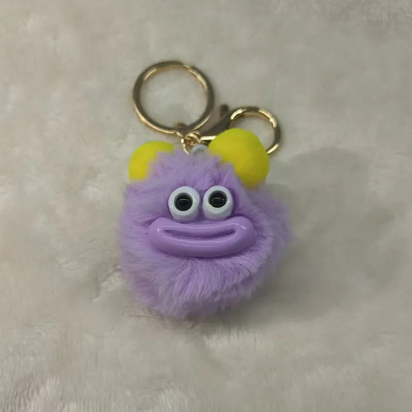 Cute Fluffy Monster Keychain, Soft Plush Pom Pom Bag Charm with Gold Lobster Clasp, Funny Ugly Doll Key Chain for Backpack Purse Gift