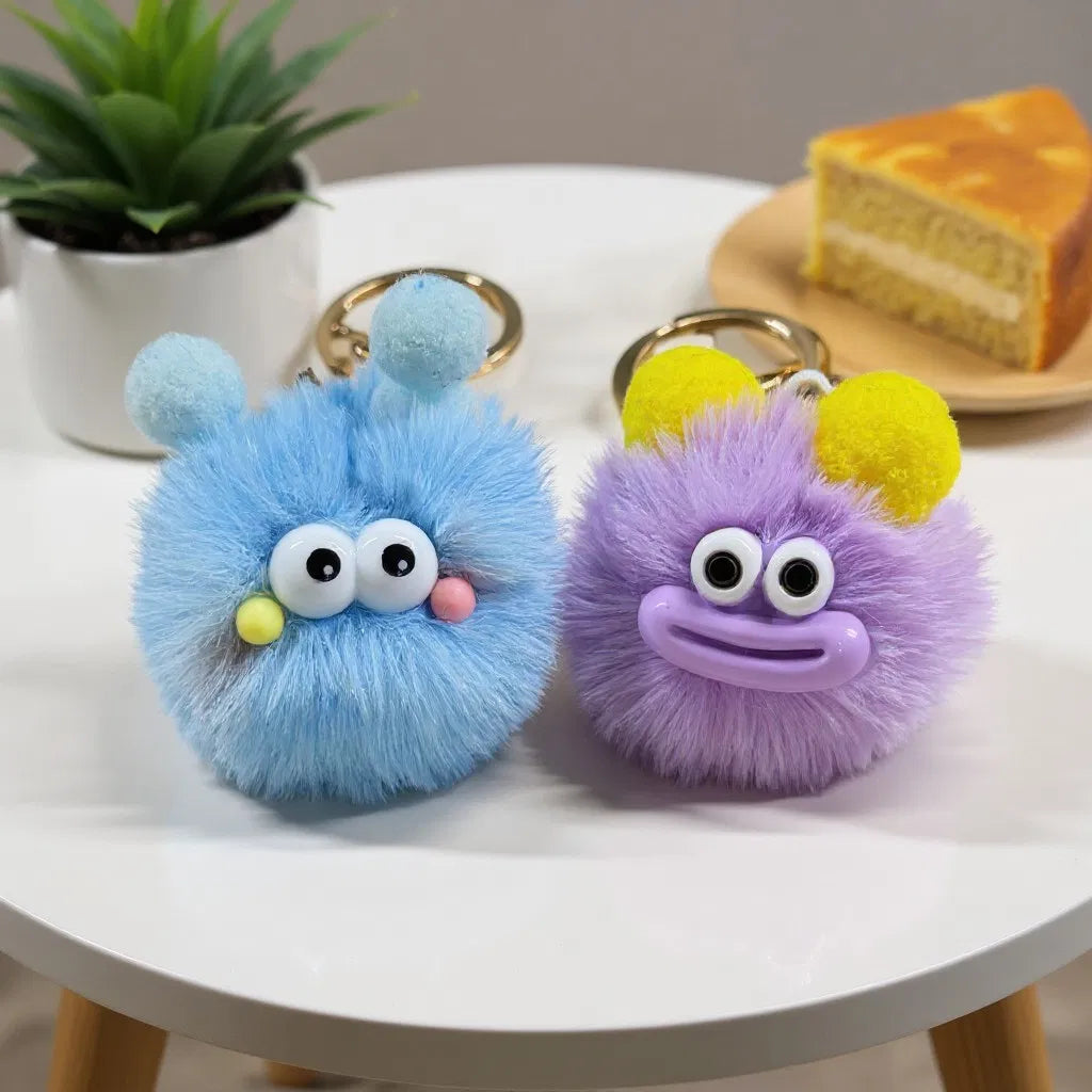 Cute Fluffy Monster Keychain, Soft Plush Pom Pom Bag Charm with Gold Lobster Clasp, Funny Ugly Doll Key Chain for Backpack Purse Gift