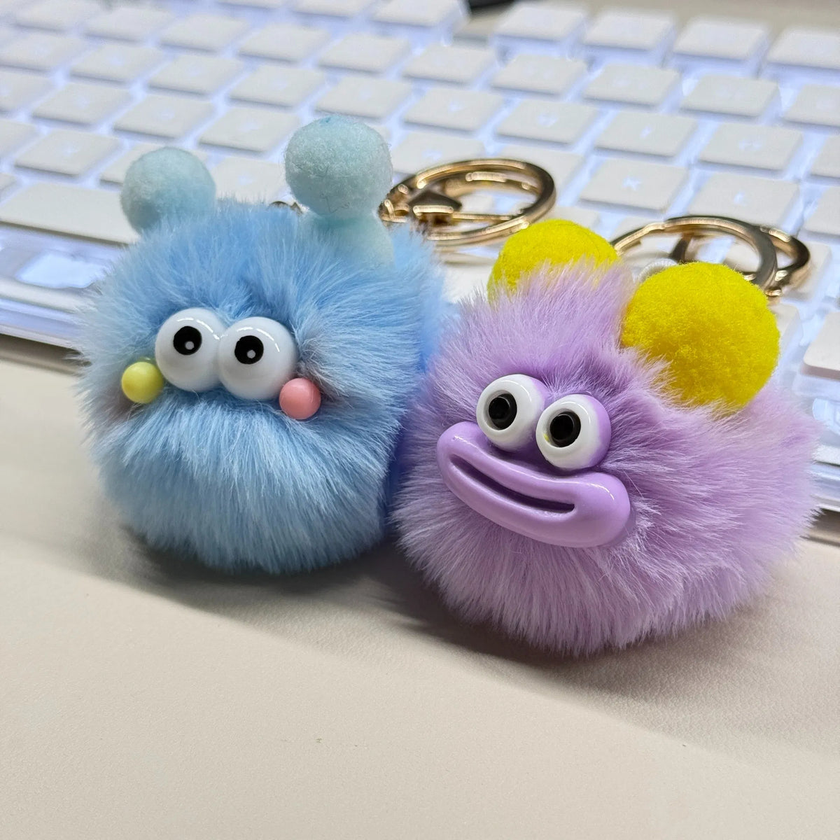 Cute Fluffy Monster Keychain, Soft Plush Pom Pom Bag Charm with Gold Lobster Clasp, Funny Ugly Doll Key Chain for Backpack Purse Gift