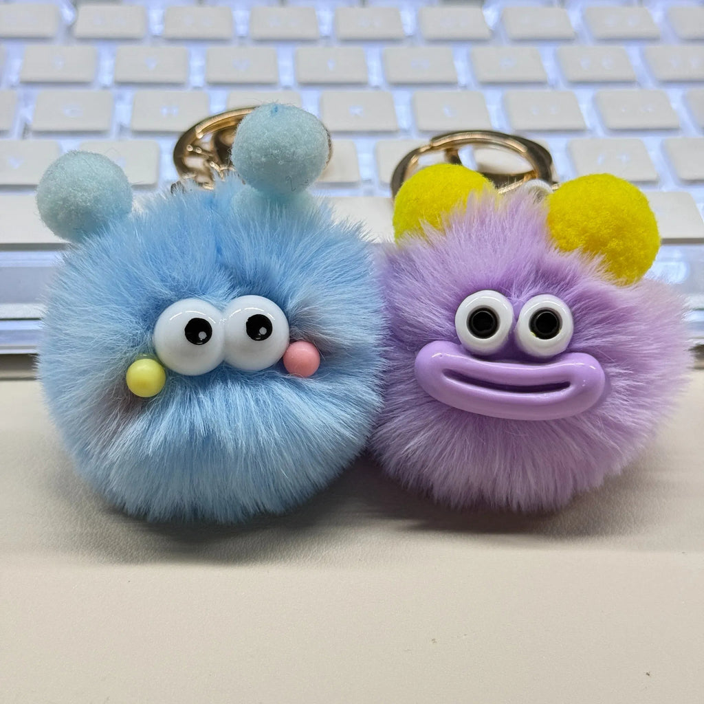 Cute Fluffy Monster Keychain, Soft Plush Pom Pom Bag Charm with Gold Lobster Clasp, Funny Ugly Doll Key Chain for Backpack Purse Gift