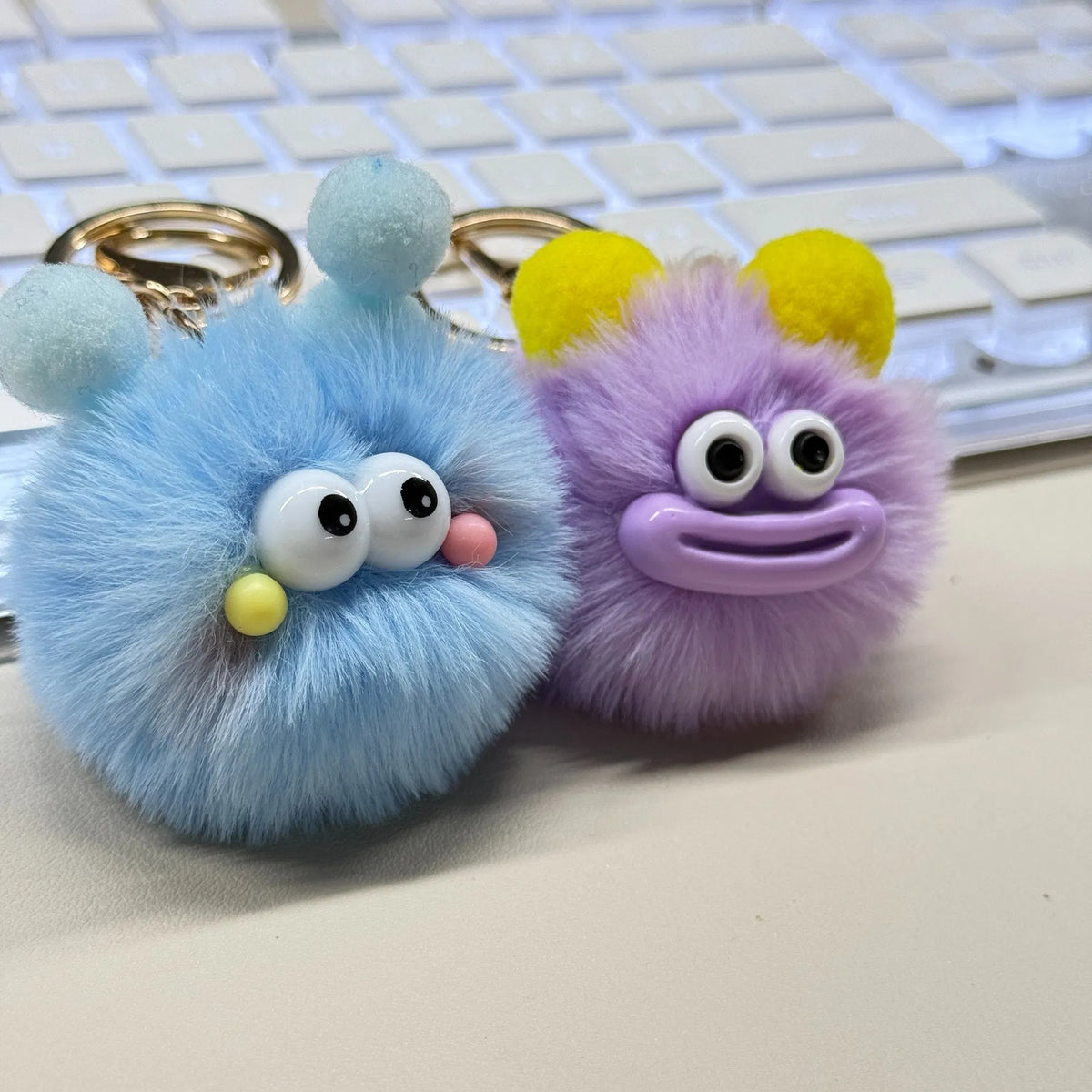 Cute Fluffy Monster Keychain, Soft Plush Pom Pom Bag Charm with Gold Lobster Clasp, Funny Ugly Doll Key Chain for Backpack Purse Gift