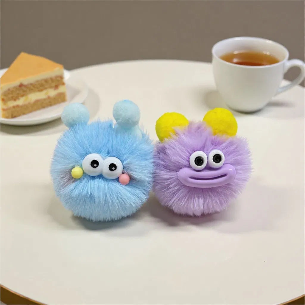 Cute Fluffy Monster Keychain, Soft Plush Pom Pom Bag Charm with Gold Lobster Clasp, Funny Ugly Doll Key Chain for Backpack Purse Gift