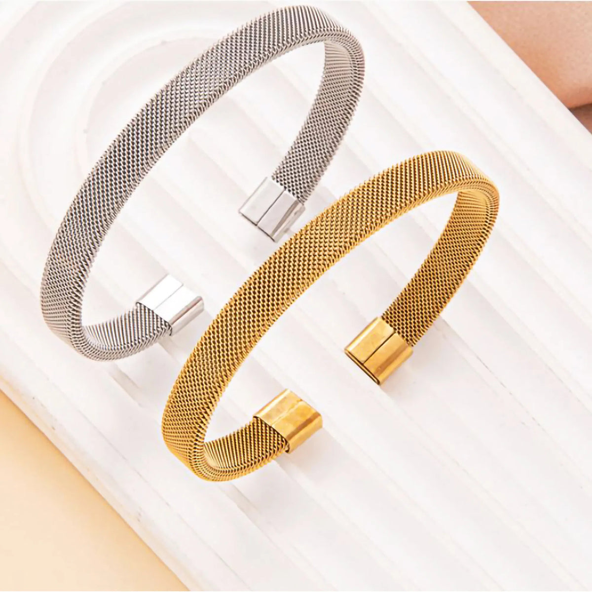 6mm Stainless Steel Mesh Cuff Bracelet, Gold Polished Open Bangle, Minimalist Waterproof Anti-Tarnish Wrist Jewelry for Women Men Daily Wear