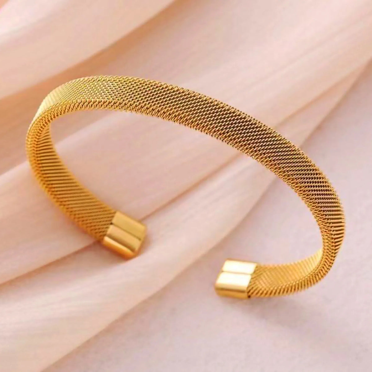 6mm Stainless Steel Mesh Cuff Bracelet, Gold Polished Open Bangle, Minimalist Waterproof Anti-Tarnish Wrist Jewelry for Women Men Daily Wear