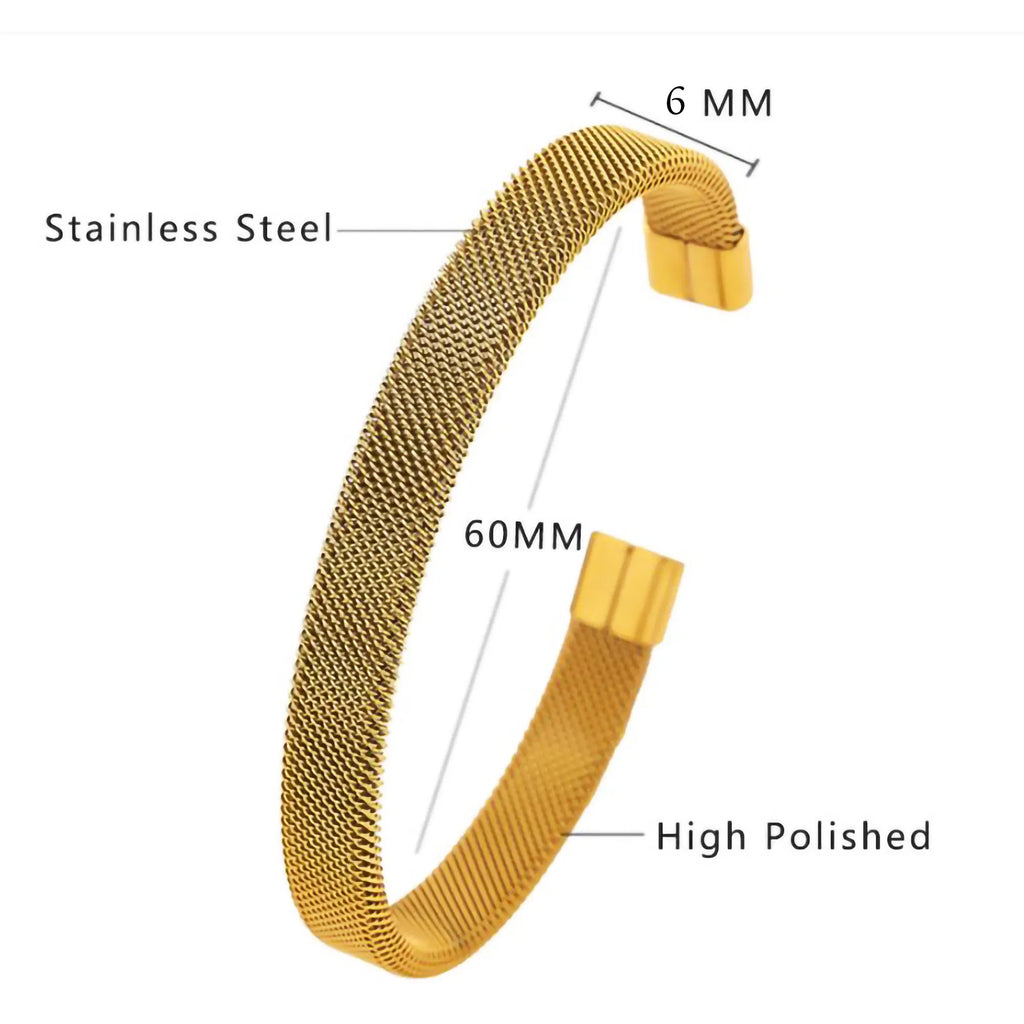 6mm Stainless Steel Mesh Cuff Bracelet, Gold Polished Open Bangle, Minimalist Waterproof Anti-Tarnish Wrist Jewelry for Women Men Daily Wear