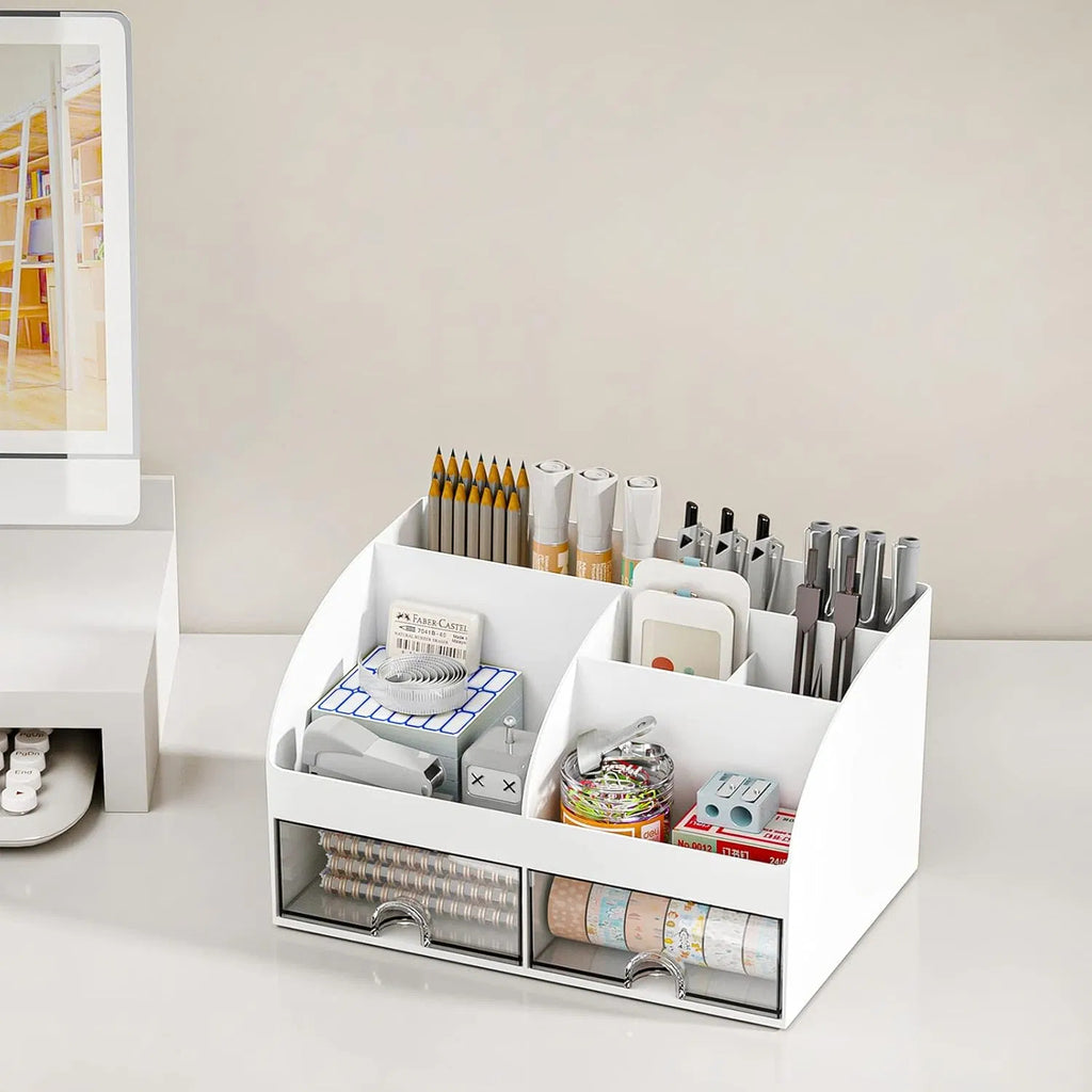 2-Drawer Desktop Pen Holder Organizer, Multi-Compartment Plastic Desk Storage for Office Stationery, Home Dorm Vanity Organizer