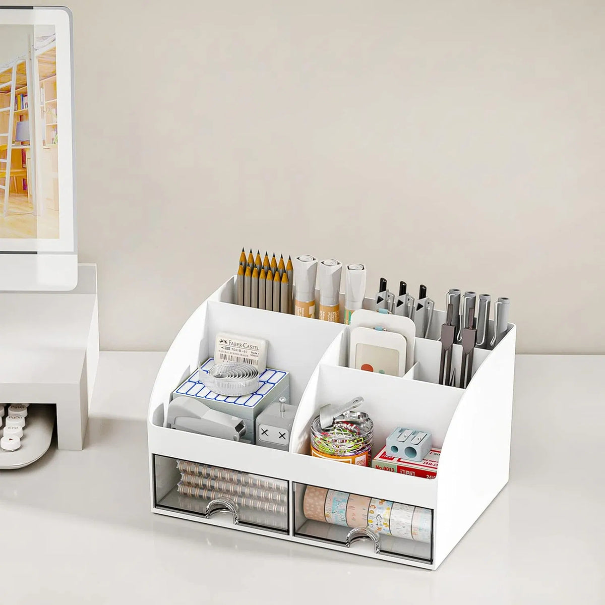 2-Drawer Desktop Pen Holder Organizer, Multi-Compartment Plastic Desk Storage for Office Stationery, Home Dorm Vanity Organizer