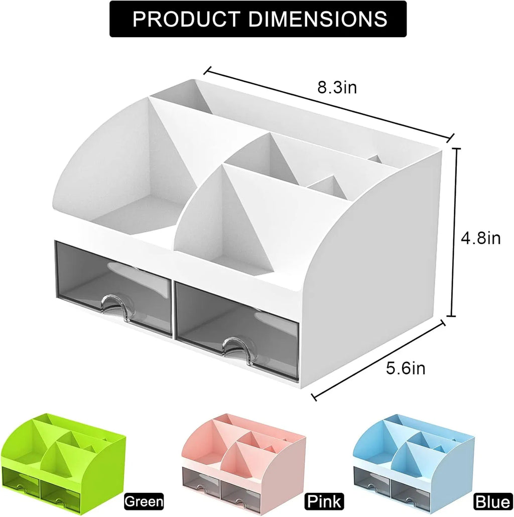 2-Drawer Desktop Pen Holder Organizer, Multi-Compartment Plastic Desk Storage for Office Stationery, Home Dorm Vanity Organizer