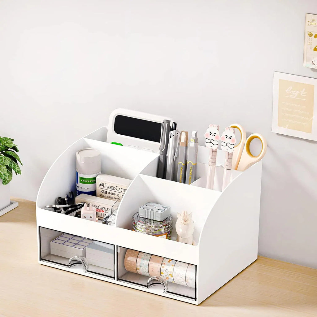 2-Drawer Desktop Pen Holder Organizer, Multi-Compartment Plastic Desk Storage for Office Stationery, Home Dorm Vanity Organizer