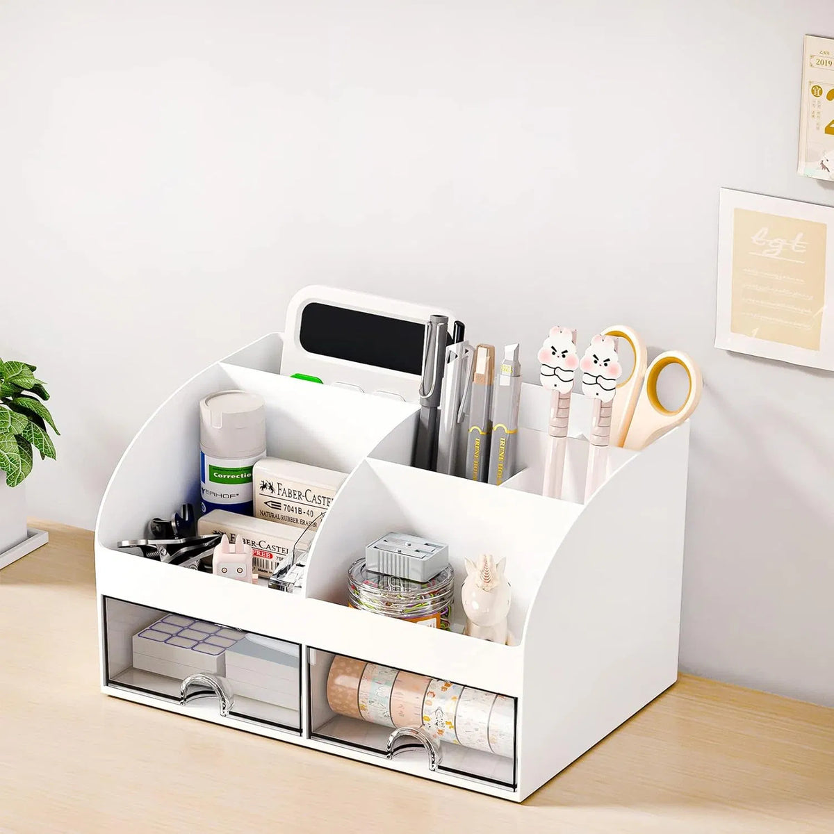 2-Drawer Desktop Pen Holder Organizer, Multi-Compartment Plastic Desk Storage for Office Stationery, Home Dorm Vanity Organizer