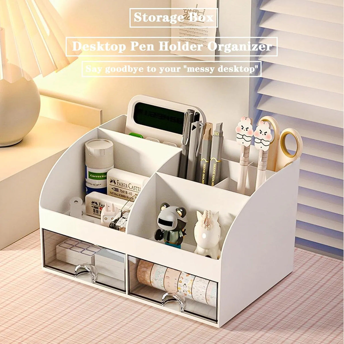 2-Drawer Desktop Pen Holder Organizer, Multi-Compartment Plastic Desk Storage for Office Stationery, Home Dorm Vanity Organizer