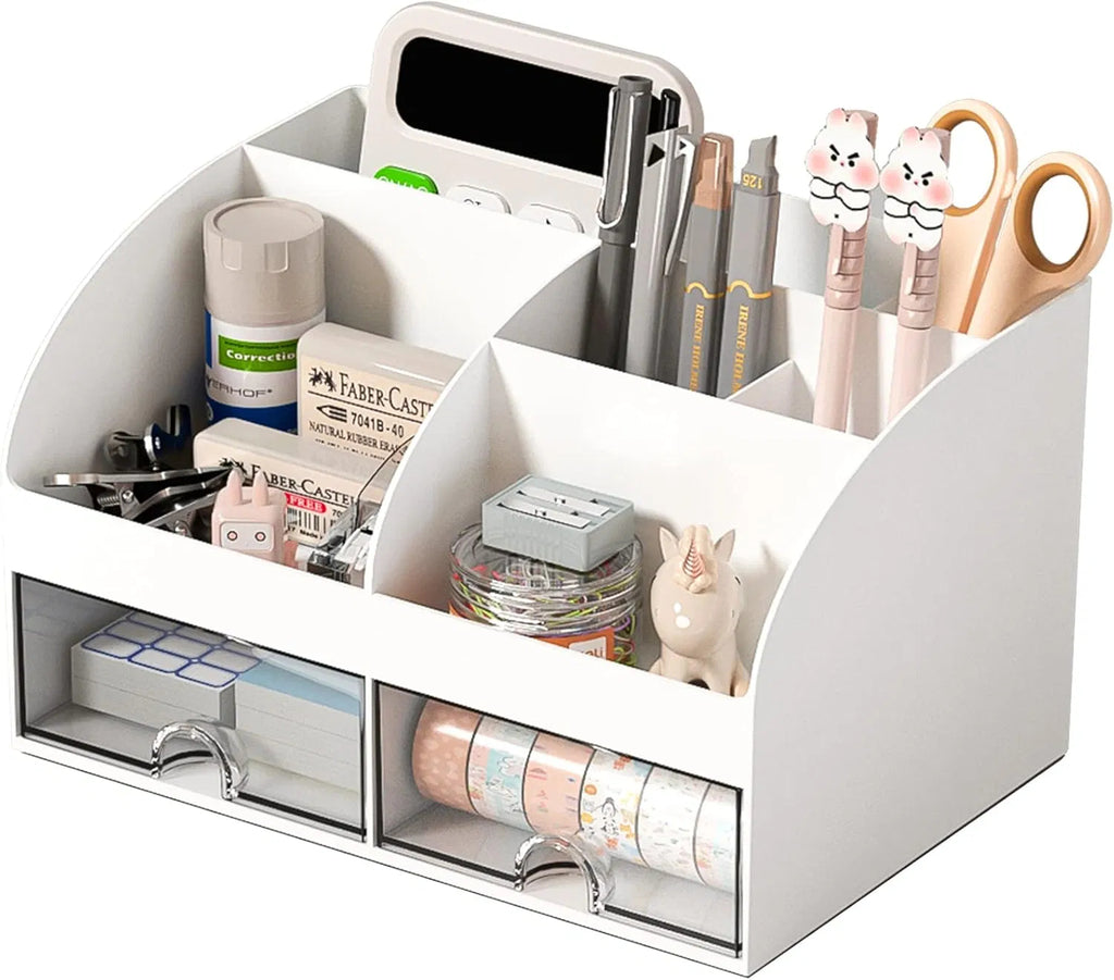 2-Drawer Desktop Pen Holder Organizer, Multi-Compartment Plastic Desk Storage for Office Stationery, Home Dorm Vanity Organizer