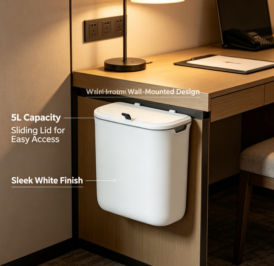 5L Wall Mounted Trash Can with Sliding Lid, White No-Drill Hanging Waste Bin for Under Desk Bathroom Kitchen Office Dorm