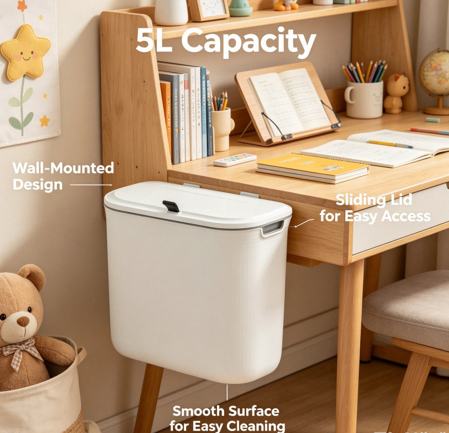 5L Wall Mounted Trash Can with Sliding Lid, White No-Drill Hanging Waste Bin for Under Desk Bathroom Kitchen Office Dorm