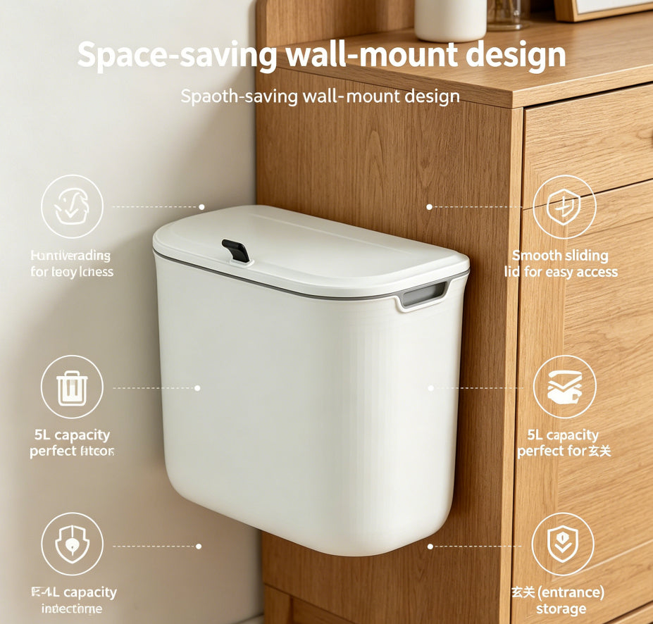 5L Wall Mounted Trash Can with Sliding Lid, White No-Drill Hanging Waste Bin for Under Desk Bathroom Kitchen Office Dorm